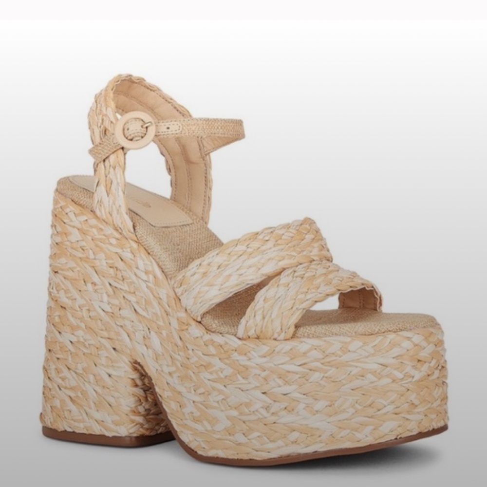Larroude Tan Woven Platform Sandals